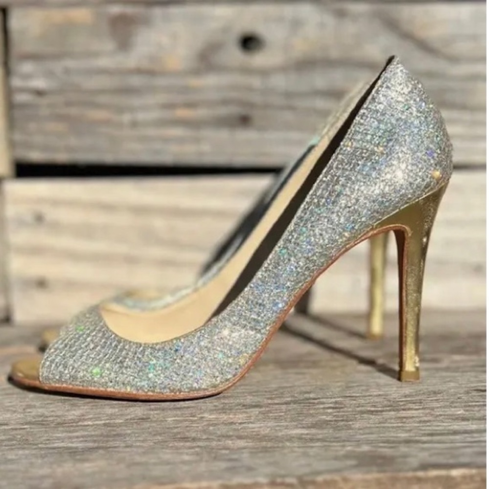Enzo Angiolini Sparkled Hologram metallic peep toe gold heels